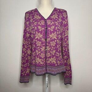 Icelandic Design Cardigan Purple Floral Knit V Neck Button Front Size L